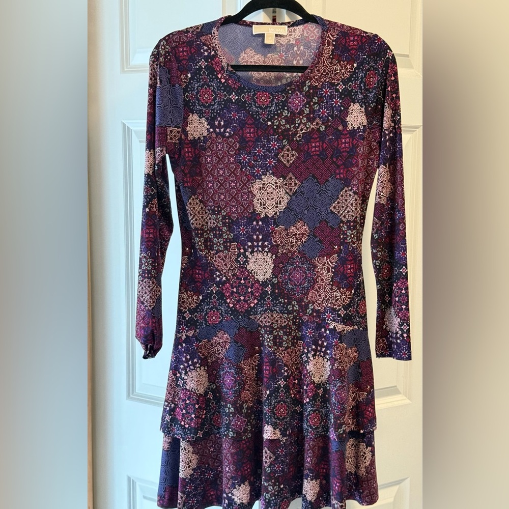 Michael Kors Purple and Pink Patterned Long Sleeve Dress